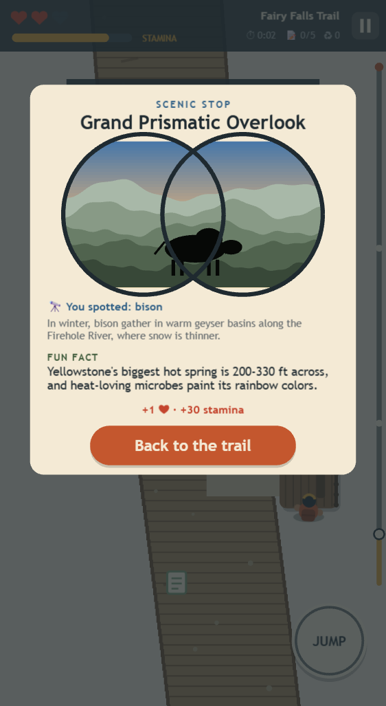 A scenic stop where the hiker spots a bison through binoculars